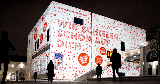Leopold Museum lits up at night, Vienna, Austria