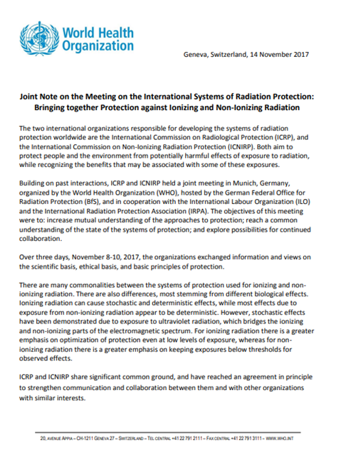 Joint Note on the Meeting on the International Systems of Radiation Protection: Bringing together Protection against Ionizing and Non-Ionizing Radiation