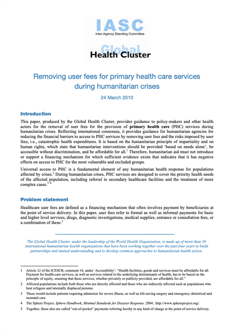 Removing user fees for primary health care services during humanitarian crises