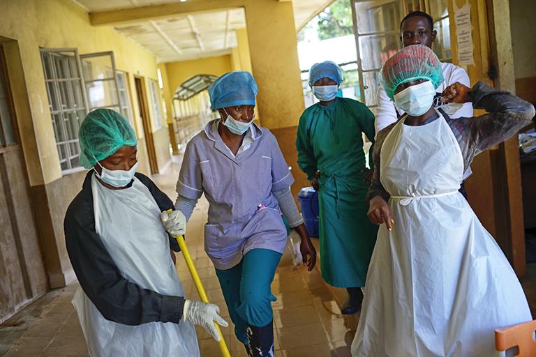 Nurses ensure hygiene standards are met at Makeni regional hospital in Sierra Leone
