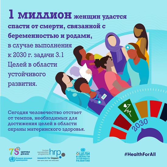 инфографика: 1 миллион женщин удастся спасти от смерти, связанной с беременностью и родами,  в случае выполнения к 2030 г. задачи 3.1 Целей в области устойчивого развития.