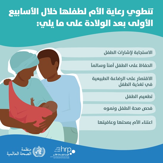 تنطوي رعاية الأم لطفلها خلال الأسابيع الأولى بعد الولادة على ما يلي: