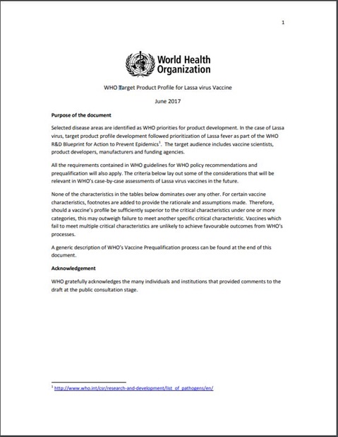WHO Target Product Profile for Lassa virus Vaccine
