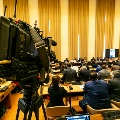 At TV camera at the Seventy-first World Health Assembly