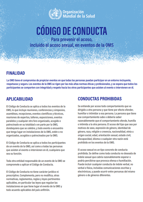 Código de conducta Para prevenir el acoso, incluido el acoso sexual, en eventos de la OMS