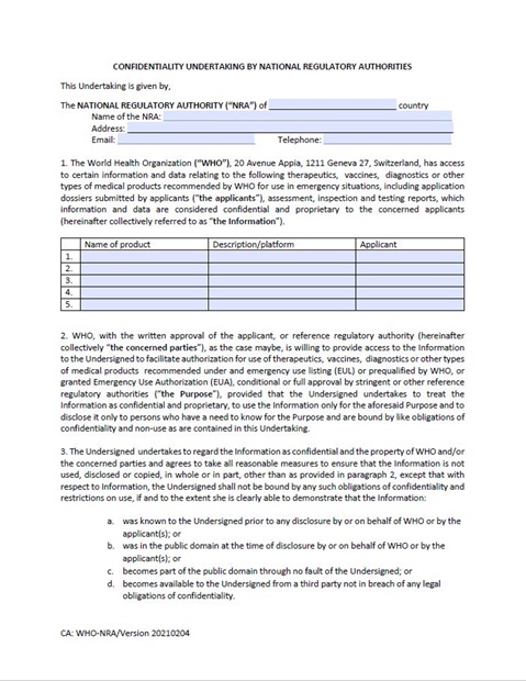 Confidentiality Agreement with NRAs - Annex 1