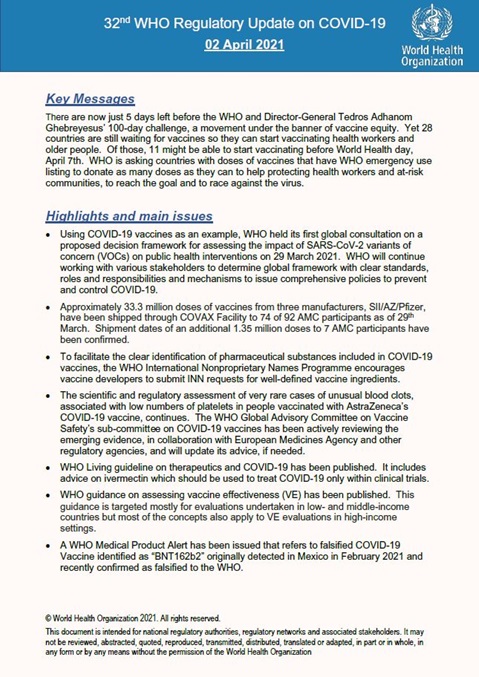 27th WHO Regulatory Update on COVID-19
