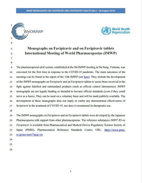 IMWP Monographs on Favipiravir and on Favipiravir tablets