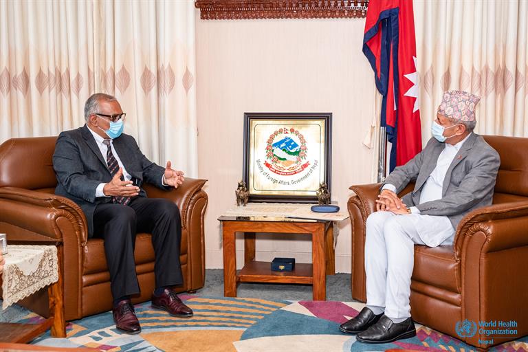 Newly Appointed WHO Representative to Nepal, Dr Rajesh Sambhajirao Pandav, in conversation with Honorable Minister of Foreign Affairs, Mr. Pradeep Kumar Gyawali_WHO Nepal