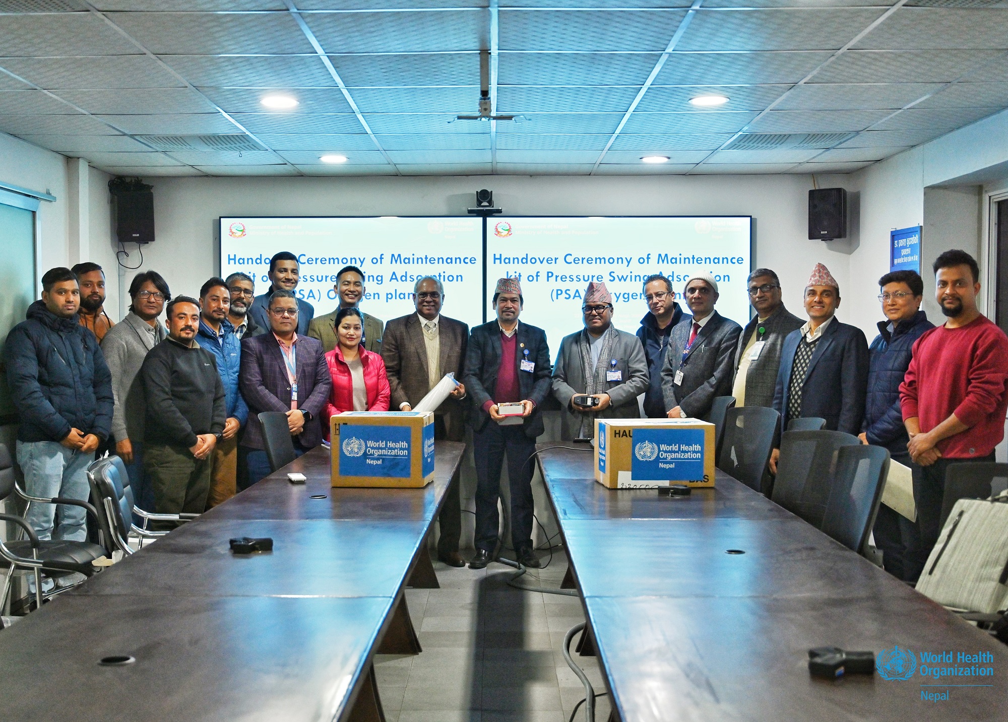 An image of participants present when Preventive Maintenance Kits for Pressure Swing Adsorption Oxygen Plant were handed over to the Ministry of Health and Population, Bagmati Province, Nepal