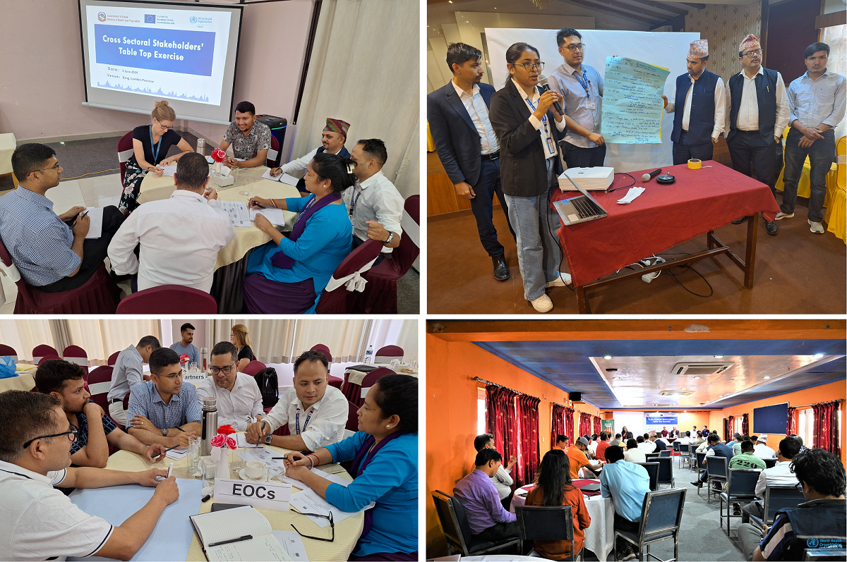 A collage showing participants engaged in the Provincial Cross-Sectoral Stakeholders' Tabletop Exercise held in Karnali, Lumbini and Sudurpashchim province