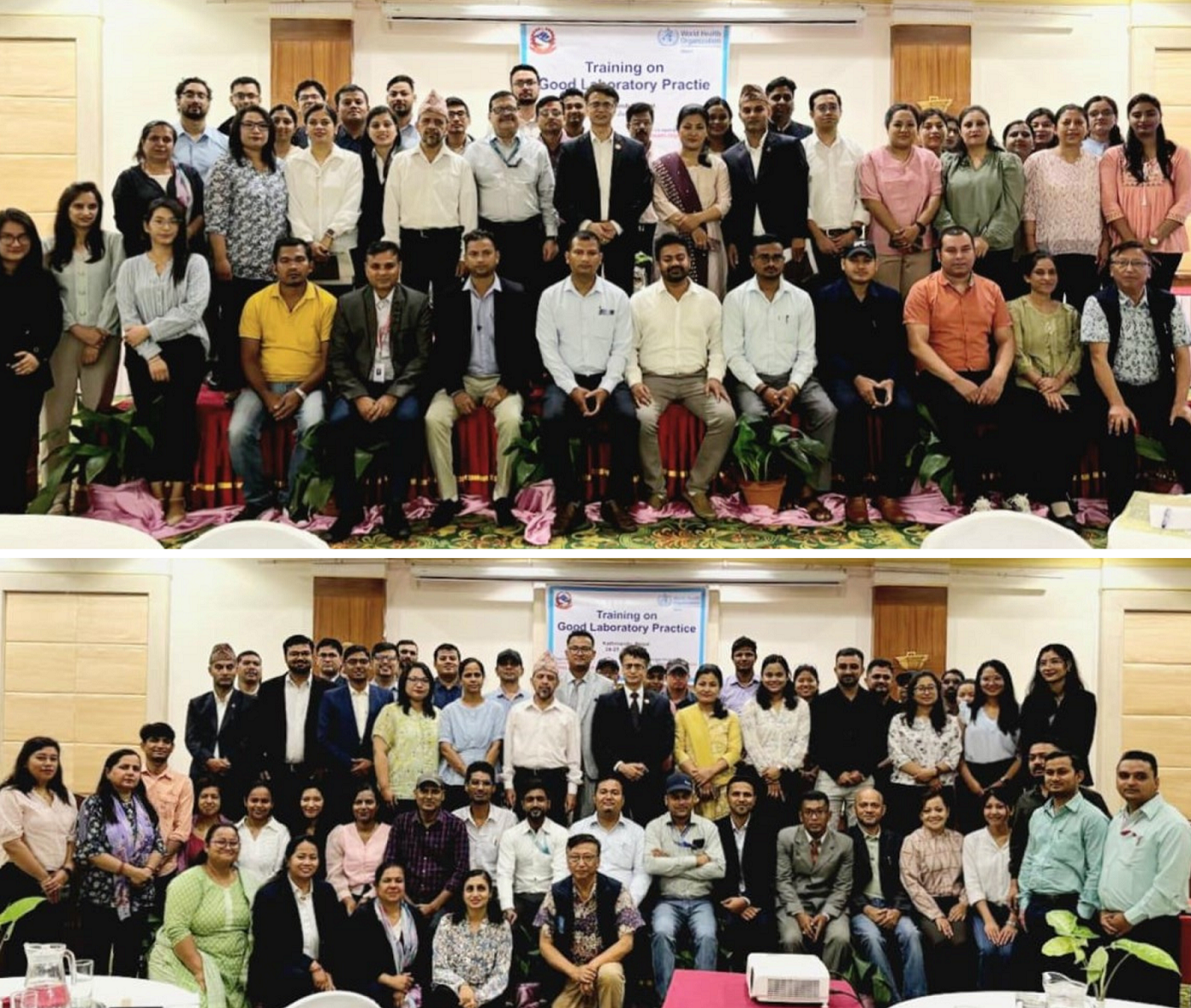 A collage of the group photo of the participants from two one-day trainings on Good Laboratory Practice (GLP) to pharmaceutical manufacturers held in Bagmati province, Nepal