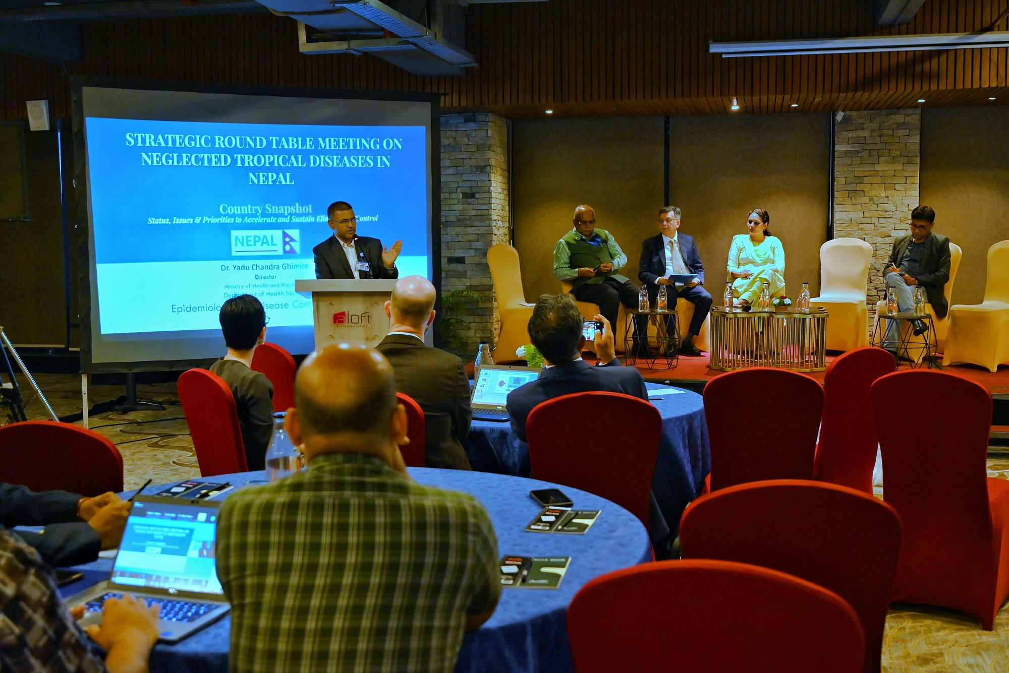 Dr Yadu Chandra Ghimire, Director of the Epidemiology and Disease Control Division, Ministry of Health and Population, highlighting the status and issues on neglected tropical diseases in Nepal at the high-level strategic roundtable meeting held in Nepal