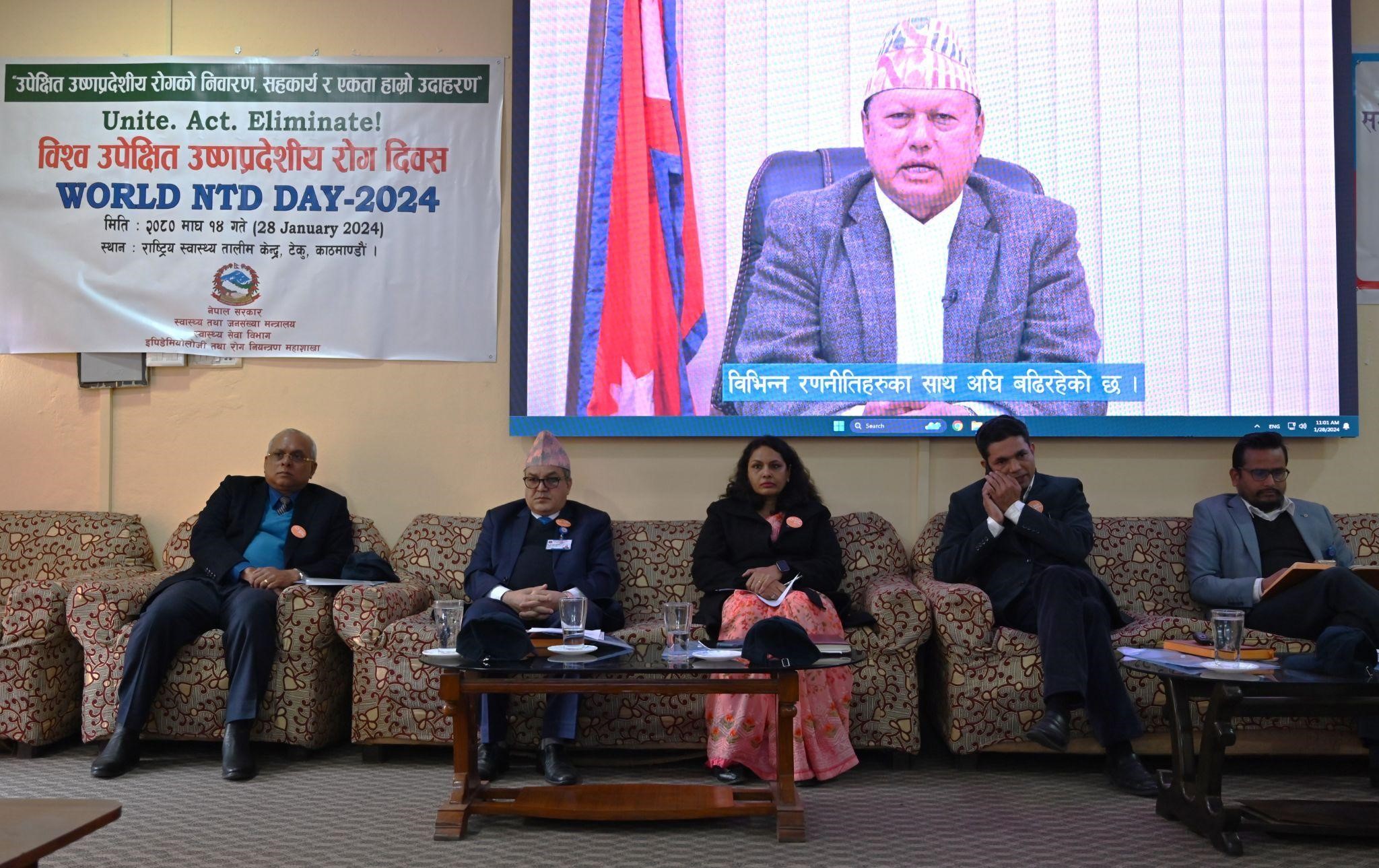 Honorable Minister of Health and Population, Mohan Bahadur Basnet, sharing his remarks via a video message during the commemoration of 5th Neglected Tropical Disease Day and 71st World Leprosy Day in Bagmati Province, Nepal