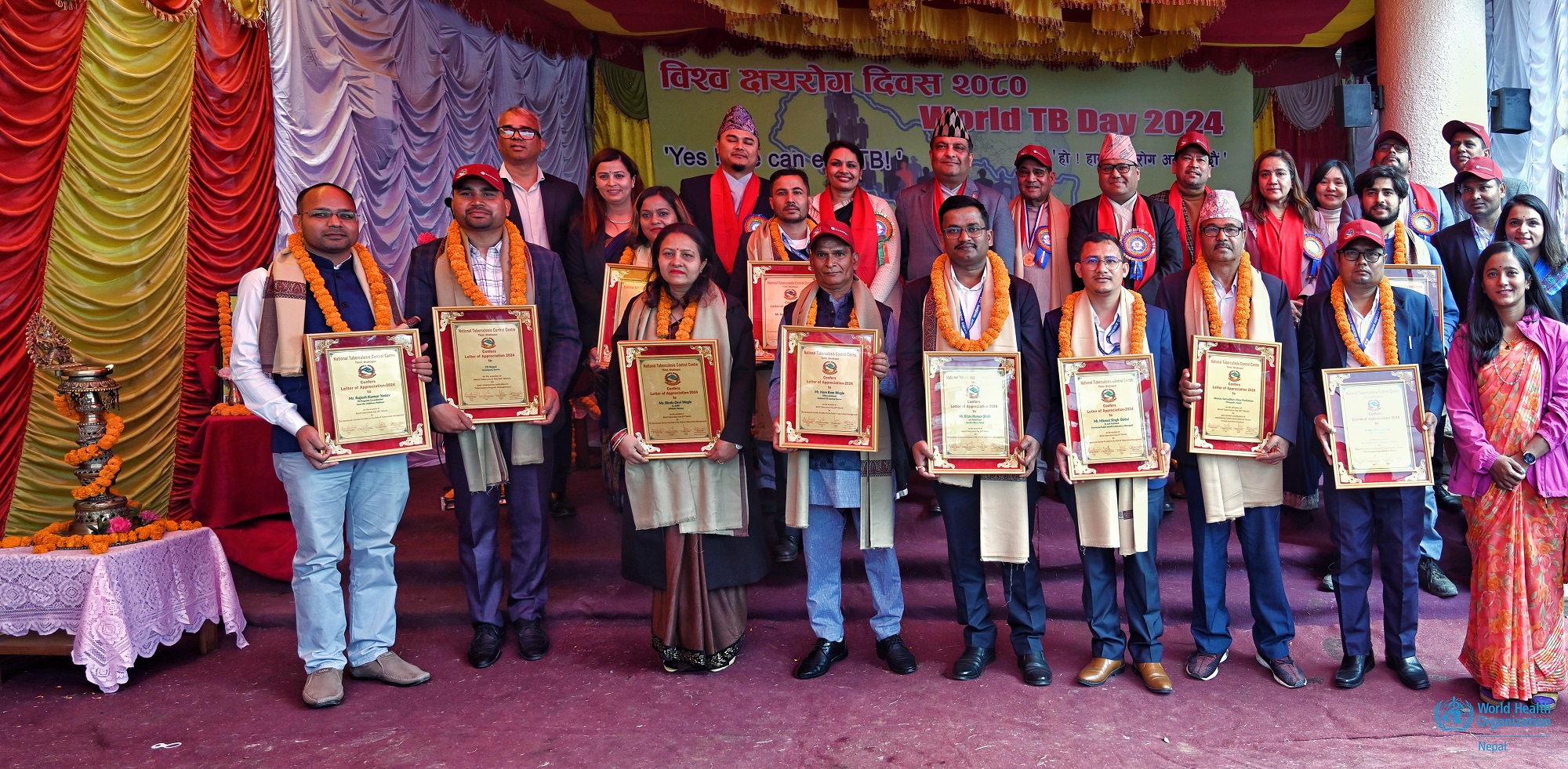 A group photo of representatives of various organizations and individuals awarded at the World Tuberculosis Day 2024 event organized at the National Tuberculosis Control Centre, Bagmati Province, Nepal