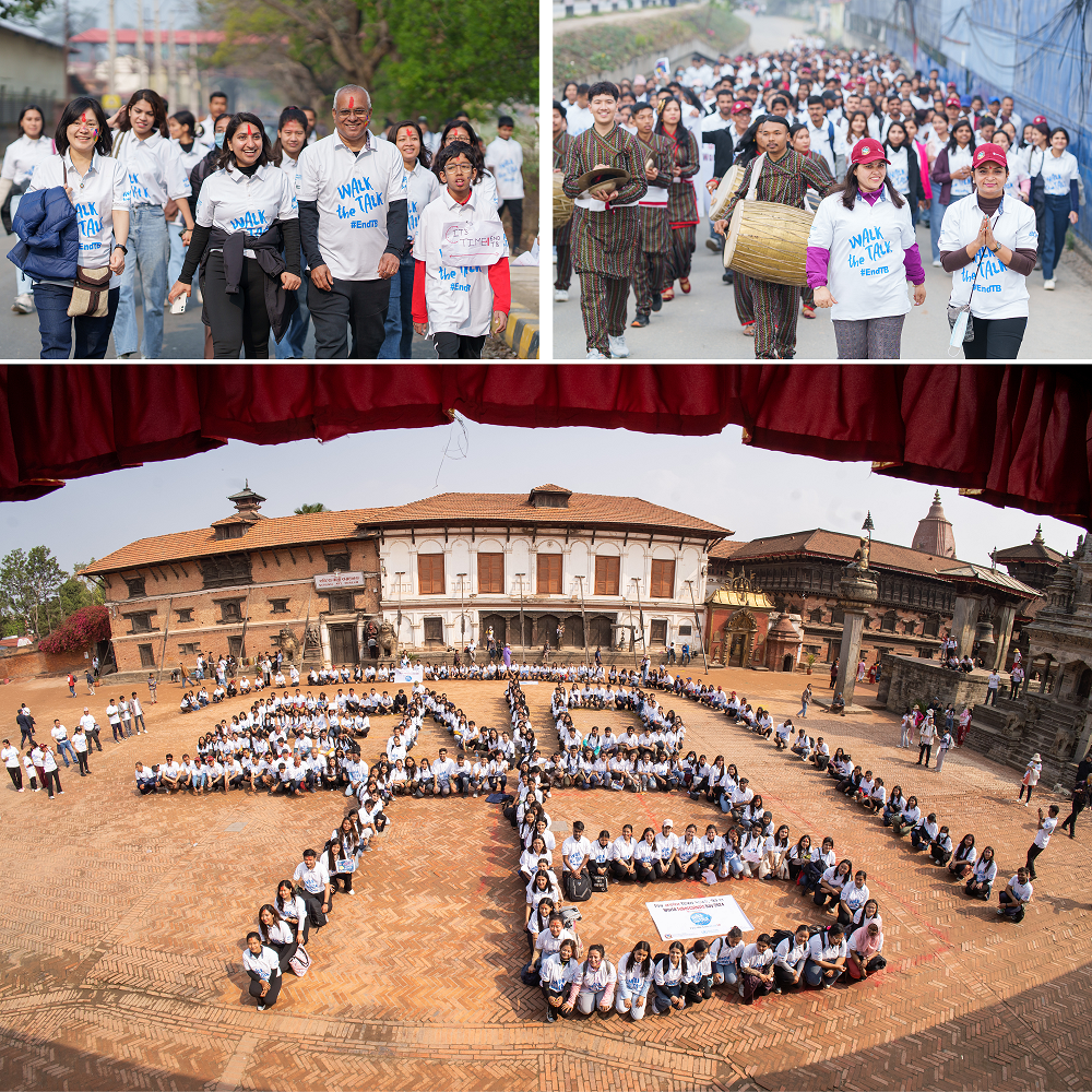 A photo collage of participants in the Walk the Talk event held at Bhaktapur, Bagmati Province, Nepal, to commemorate World Tuberculosis Day 2024