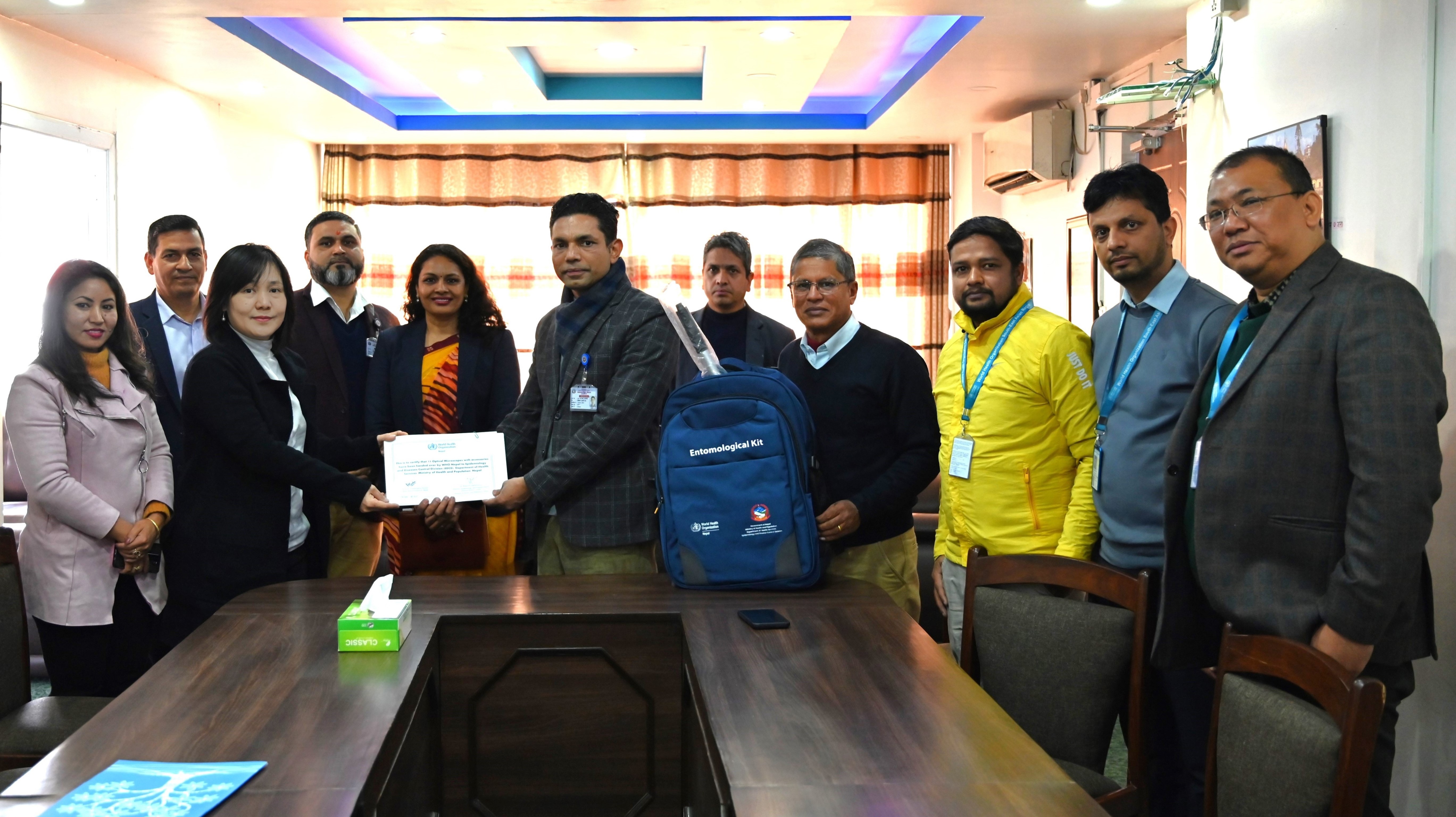 Colleagues from WHO, Country Office for Nepal, handing over entomological kits and lab equipment over to the Minsitry of Health and Population, Nepal