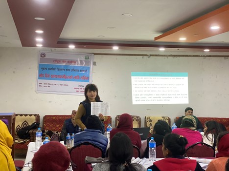 A WHO Surveillance Medical Officer provides training to vaccinators prior to the start of the measles-rubella and Typhoid Conjugate Vaccine vaccination campaign in Rukum West, Karnali Province, Nepal