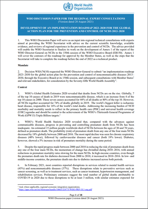 WHO Discussion Paper on the development of an implementation roadmap 2023-2030 for the WHO Global Action Plan for the Prevention and Control of NCDs 2023-2030