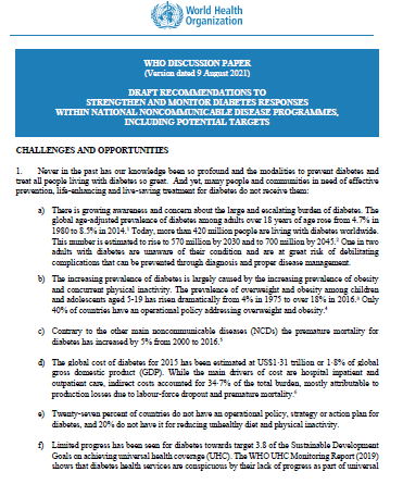 WHO Discussion Paper: Draft recommendations to strengthen and monitor diabetes responses within national noncommunicable disease programmes, including potential targets