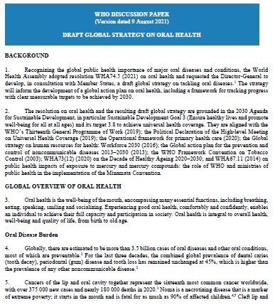 WHO Discussion Paper: Draft Global Strategy On Oral Health