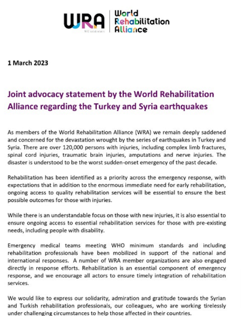 2nd Joint Advocacy Statement by the World Rehabilitation Alliance regarding the Turkey and Syria Earthquakes