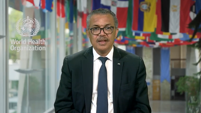 WHO Director-General speaking with flags in the background.