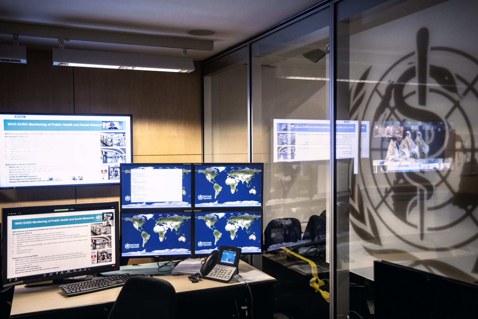 Illustration of the back office of the Strategic Health Operations Centre (SHOC) at WHO headquarters in Geneva, Switzerland, on 11 December 2020.