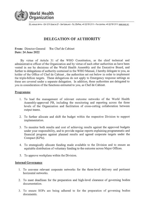 Chef de Cabinet: delegation of authority