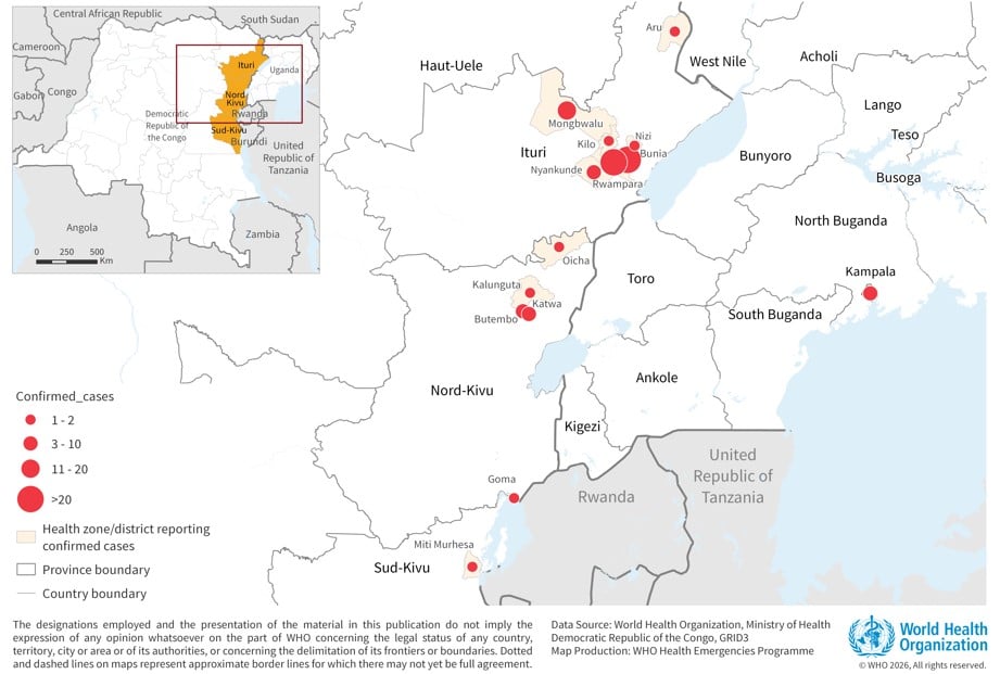 Distribution of suspected and confirmed cases in DRC and Uganda Distribution of suspected and confirmed cases in DRC and Uganda