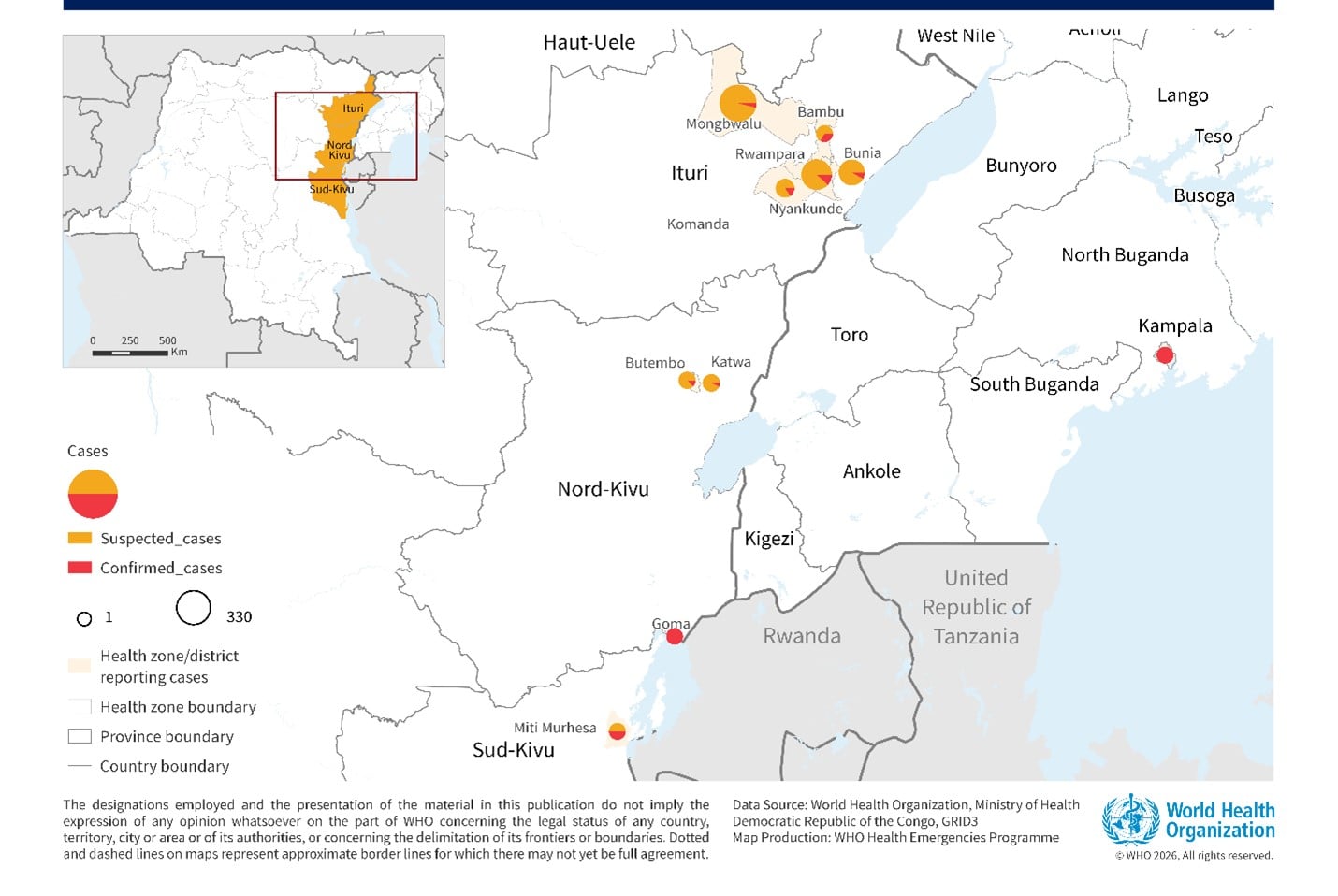 Figure 1. Distribution of suspected and confirmed cases of Bundibugyo virus disease in Democratic Republic of Congo and Uganda, as of 21 May 2026