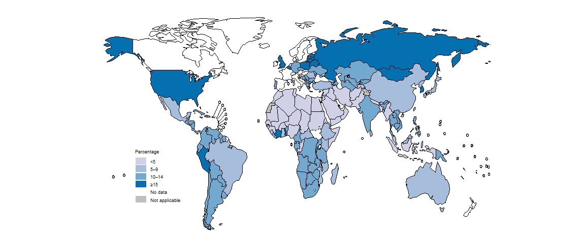 fig_5-3-3a-1 stimated percentage of people with a new episode of TB (incident cases) attributable to alcohol use risk factors, by country, 2023
