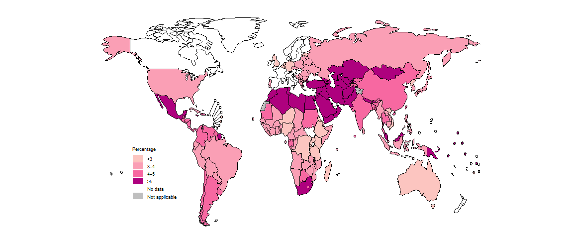 fig_5-3-3b-1 stimated percentage of people with a new episode of TB (incident cases) attributable to diabetes risk factors, by country, 2023
