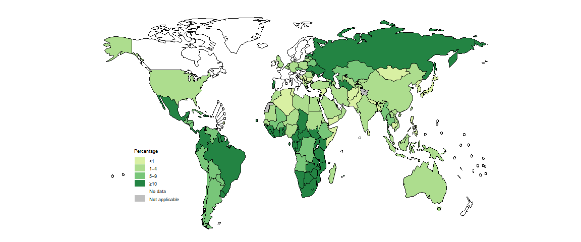 fig_5-3-3c-1 stimated percentage of people with a new episode of TB (incident cases) attributable to HIV infection risk factors, by country, 2023