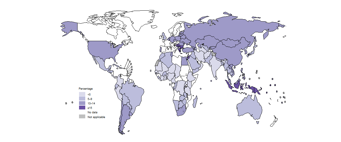 fig_5-3-3d-1 stimated percentage of people with a new episode of TB (incident cases) attributable to Smoking risk factors, by country, 2023