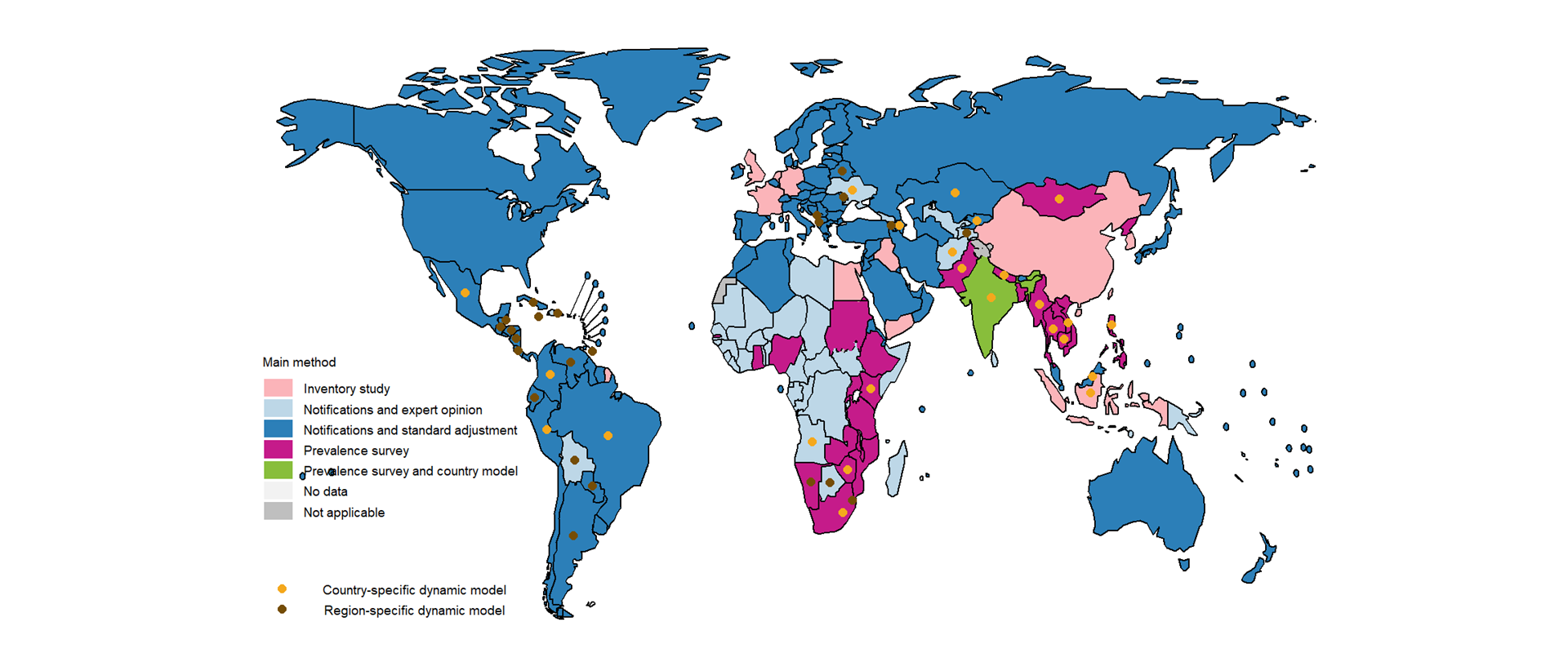 Main methods used to estimate TB incidence, 2010–2023 Main methods used to estimate TB incidence, 2010–2023
