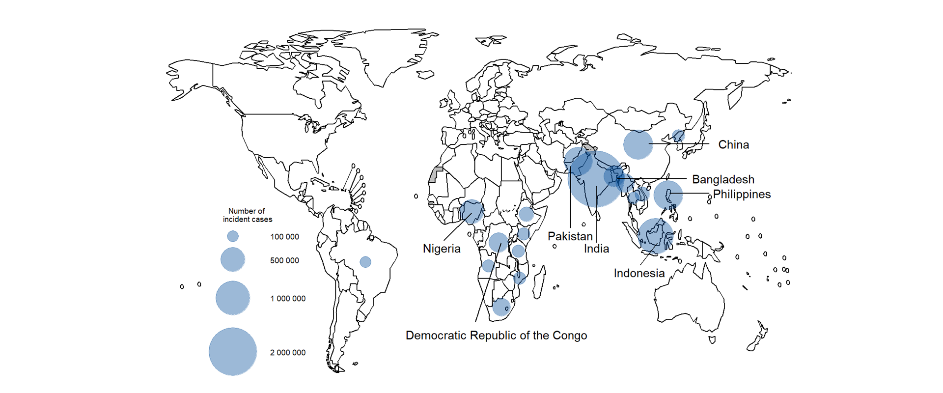 Estimated number of incident TB cases in 2023, for countries with at least 100 000 incident cases Estimated number of incident TB cases in 2023, for countries with at least 100 000 incident cases