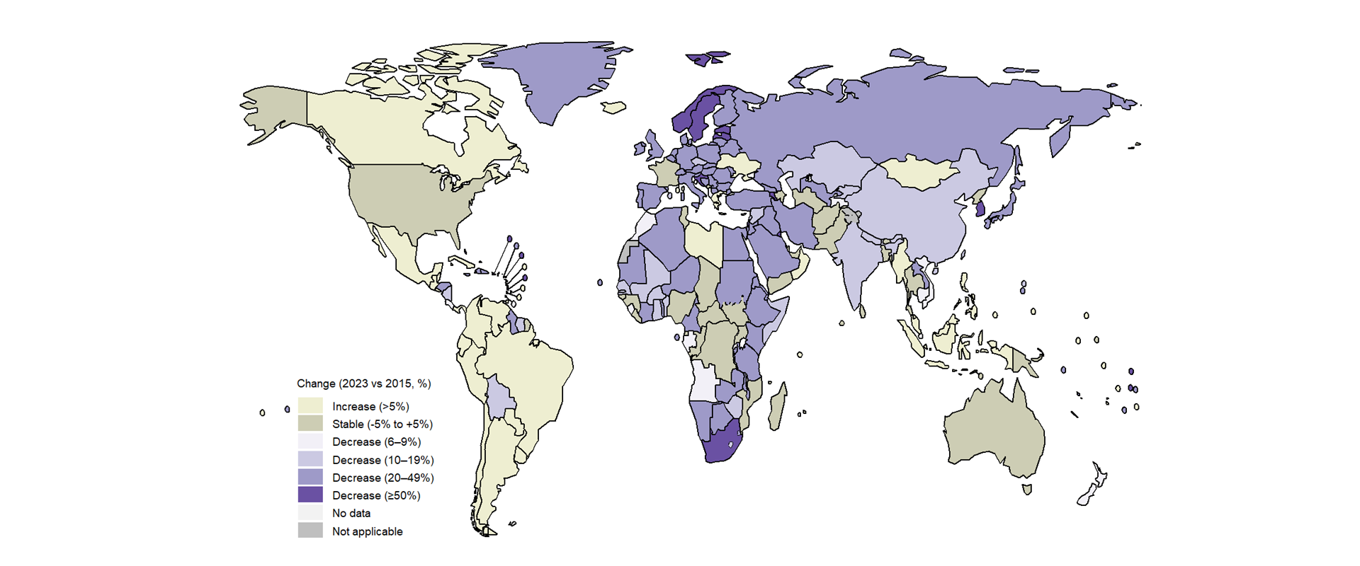 Change (%) in estimated TB incidence (new cases per 100 000 population), 2023 compared with 2015 Change (%) in estimated TB incidence (new cases per 100 000 population), 2023 compared with 2015