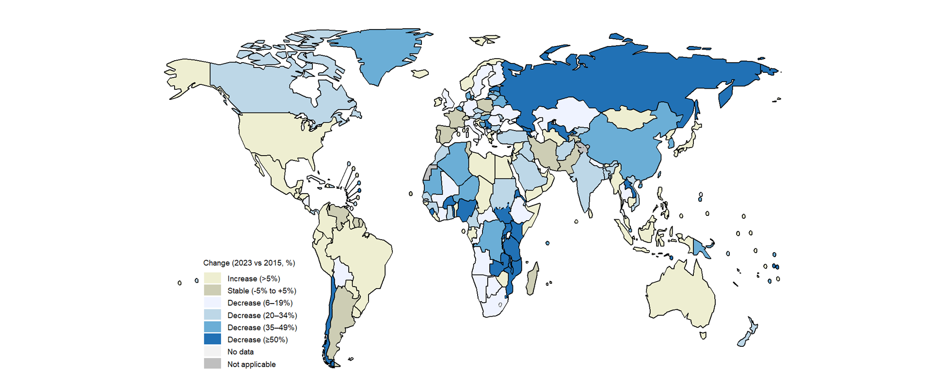 fig_1-2-11-1 Change (%) in the estimated number of deaths caused by TB (among HIV-negative people and people with HIV), 2023 compared with 2015