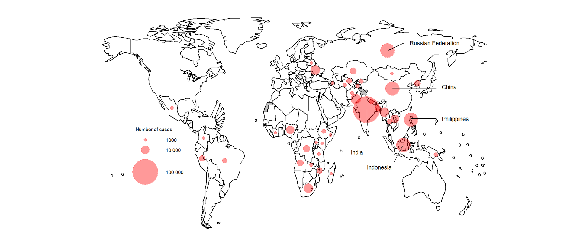 fig.-1.3.5 Estimated number of people who developed MDR/RR-TB (incident cases) in 2023, for countries with at least 1000 incident cases