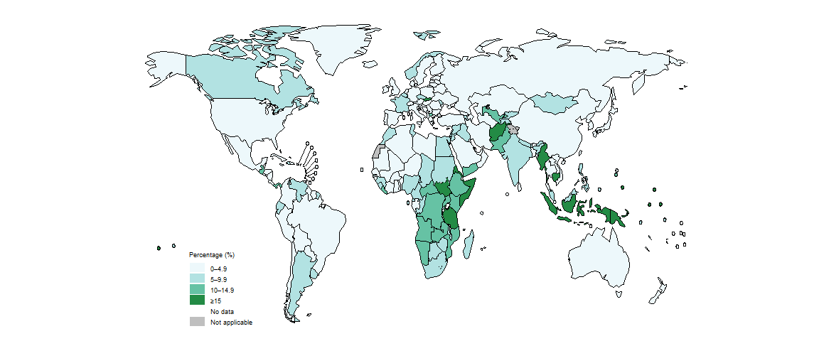 fig_2_1-5_1 Percentage of people notified as a new or relapse case of TB who were aged 0–14 years, by country, 2023