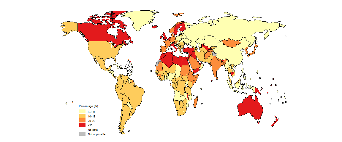 fig_2_1-6_1 Percentage of people notified as a new or relapse case of TB who were diagnosed with extrapulmonary TB, by country, 2023