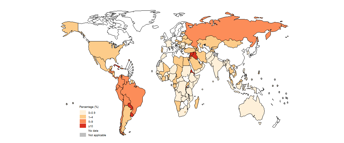fig_2_1-8_1 Percentage of people notified as a new and relapse case of TB who were registered in prisons, by country, 2023