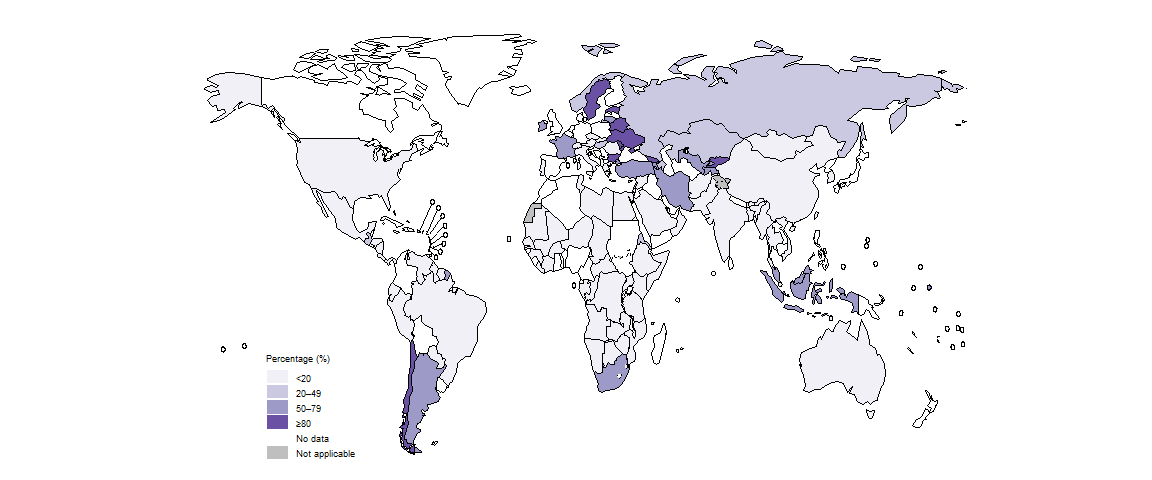 fig_2-2-17-1 Percentage of people diagnosed with rifampicine-resistant TB (RR-TB) who were tested for susceptibility to bedaquiline, by country, 2023