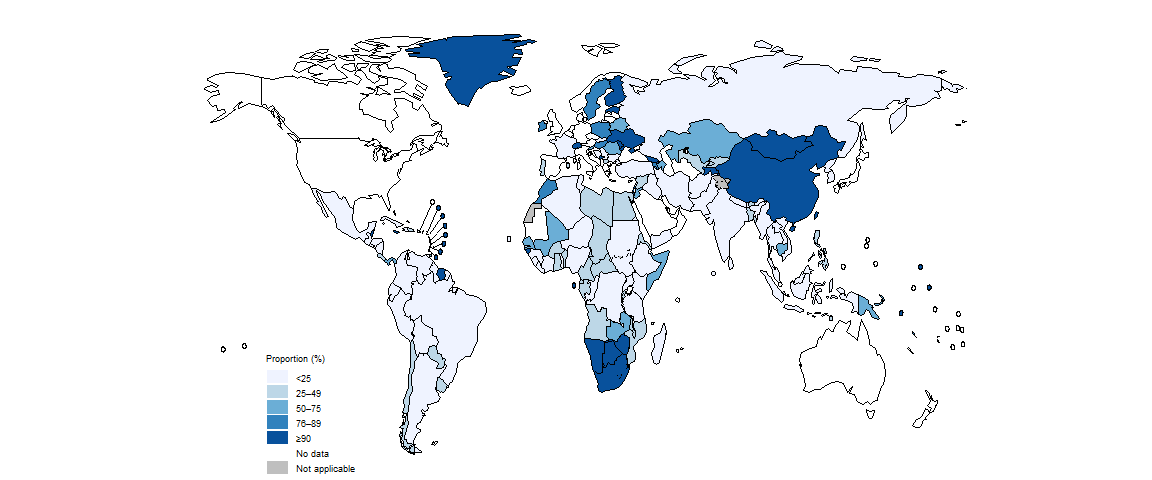 fig_2_2-2-8-1 Proportion of diagnostic sites for TB with access to WHO-recommended rapid diagnostic tests (WRDs), by country, 2023