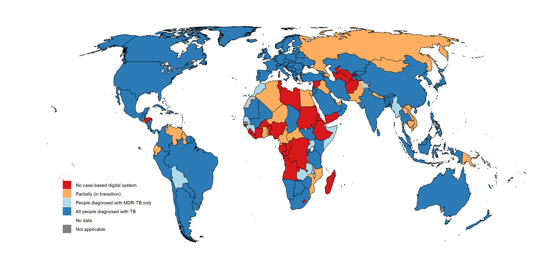 Map showing which countries have case-based TB surveillance systems