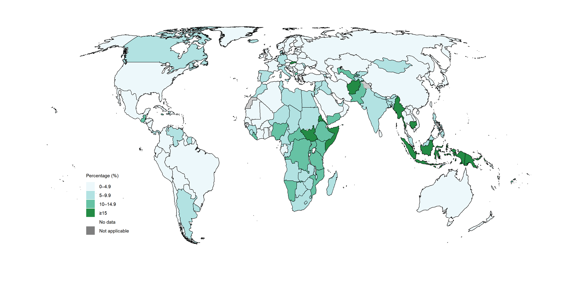 Map showing percentage of new and recurrent TB cases that were children