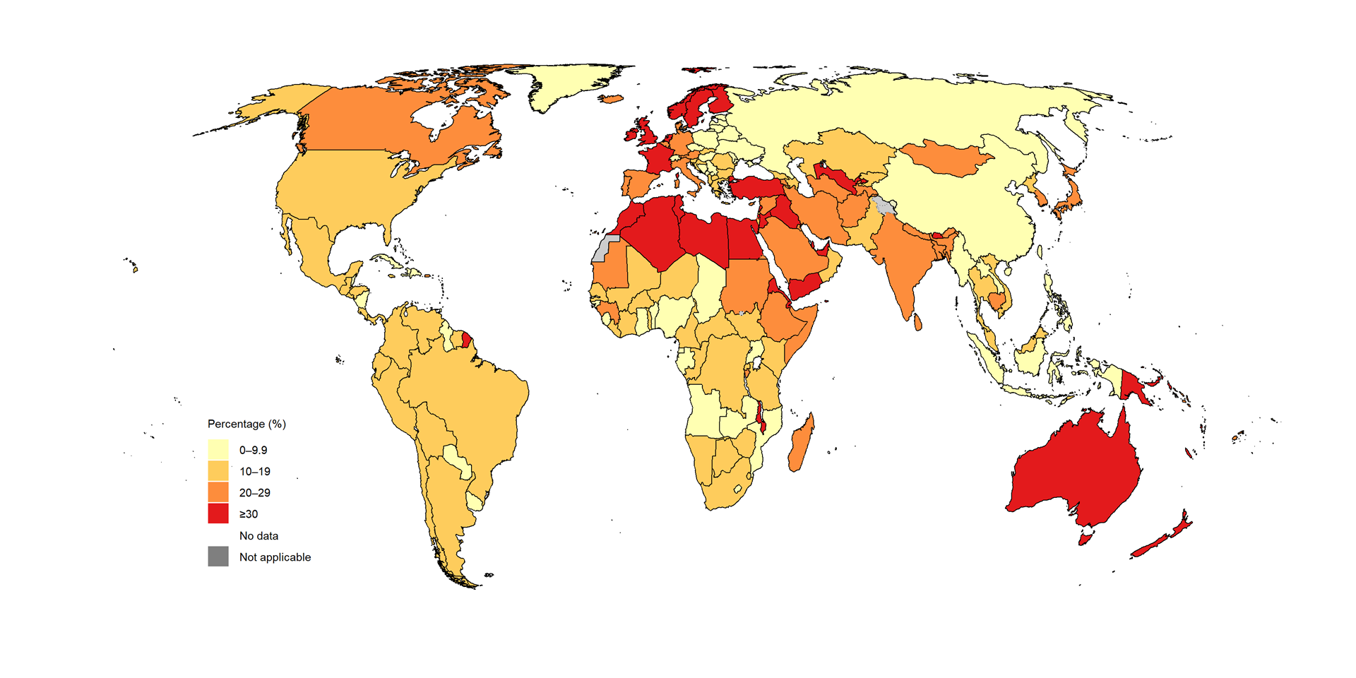 Map showing percentage of extrapulmonary cases among new and recurrent TB cases