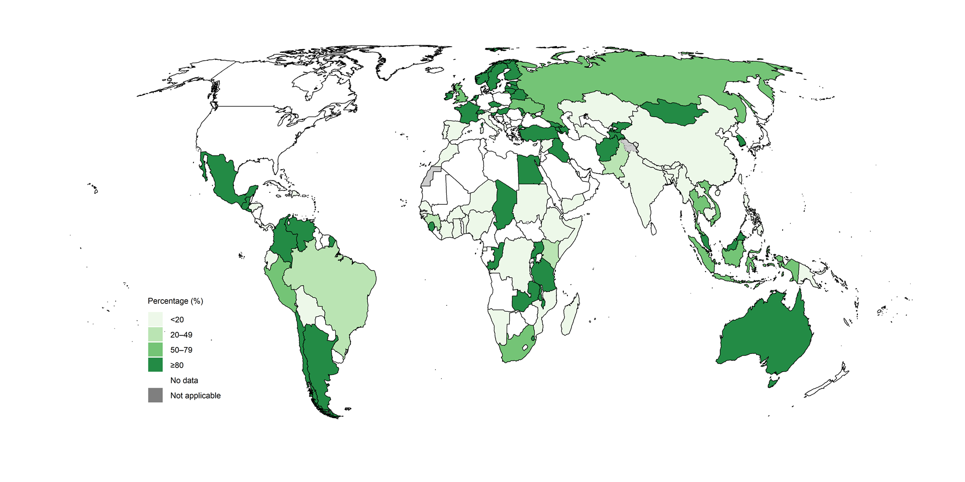 World map showing percent of pre-XDR-TB cases tested for susceptibility to bedaquiline
