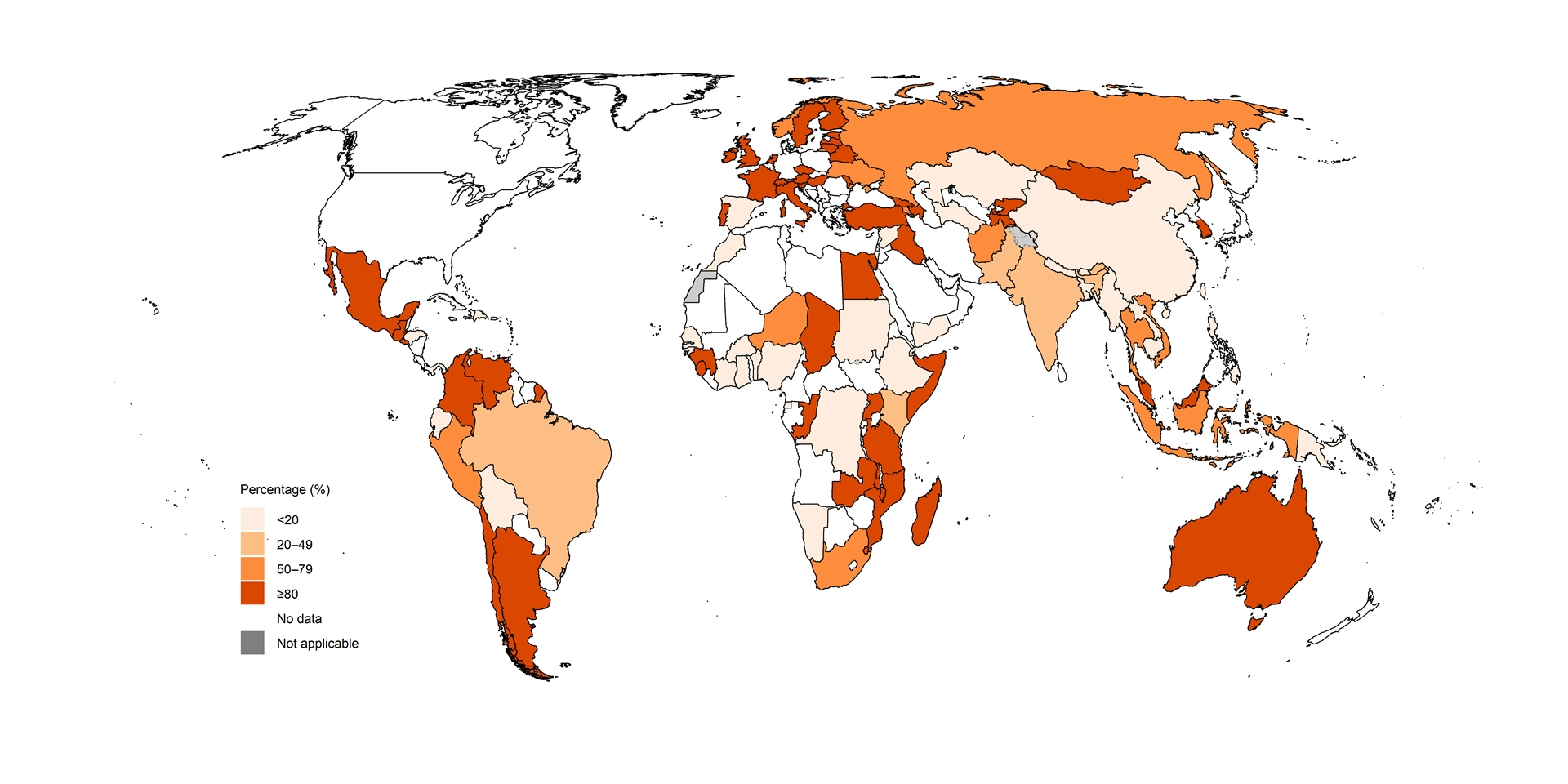 World map showing percent of pre-XDR-TB cases tested for susceptibility to linezolid